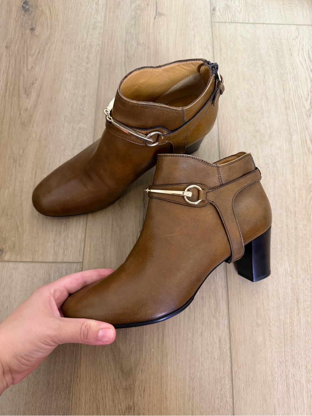 Women's Tan Leather Ankle Booties with Gold Ring Detail